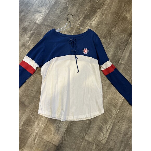 Chicago Cubs Shirt Blue White  lace up Long Sleeve New Era Size Large Womens - Picture 8 of 13